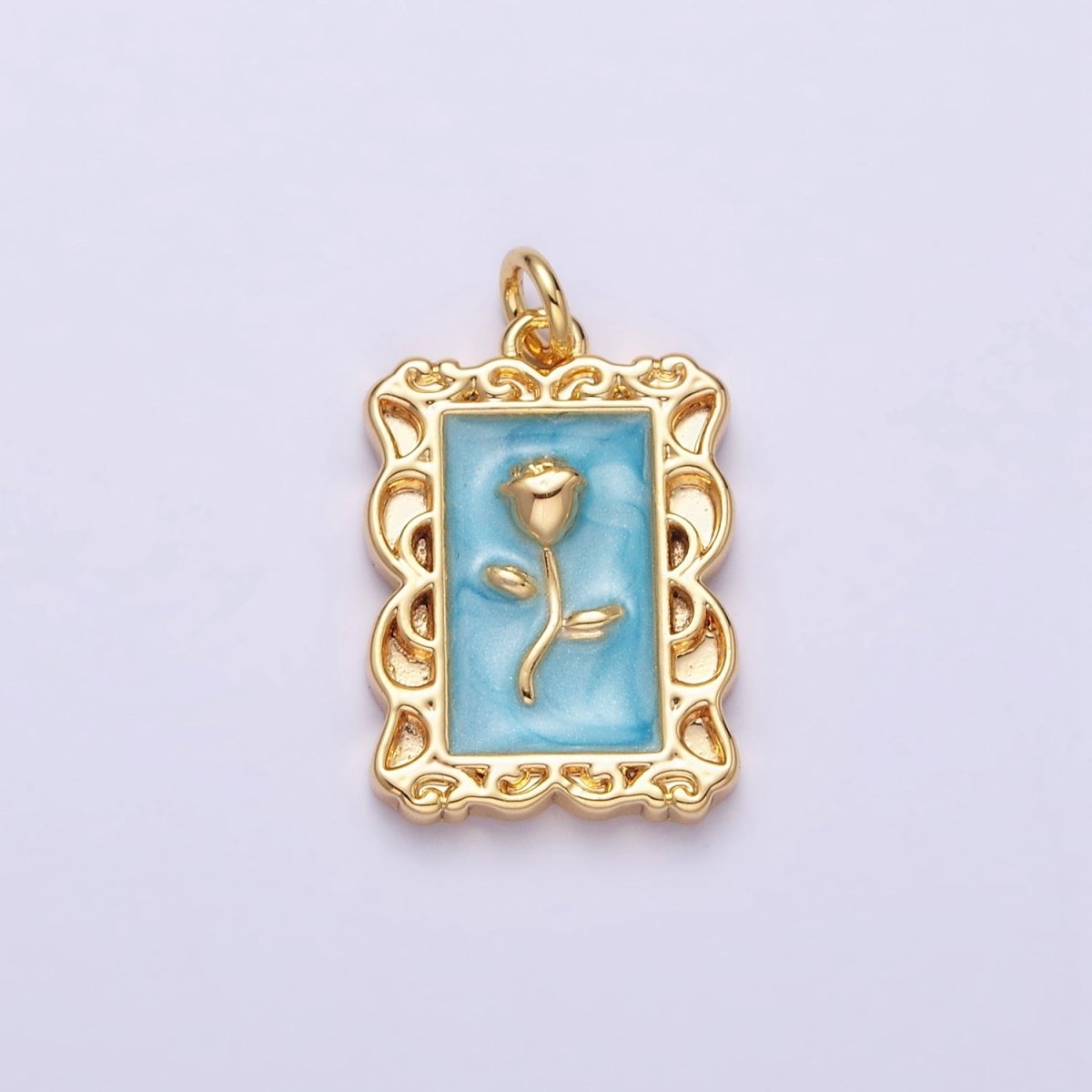 16K Gold Filled Rose Flower White, Blue, Pink Sparkly Enamel Rectangular Charm in Gold &amp; Silver | AC1350 - AC1355