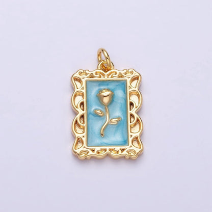 16K Gold Filled Rose Flower White, Blue, Pink Sparkly Enamel Rectangular Charm in Gold &amp; Silver | AC1350 - AC1355