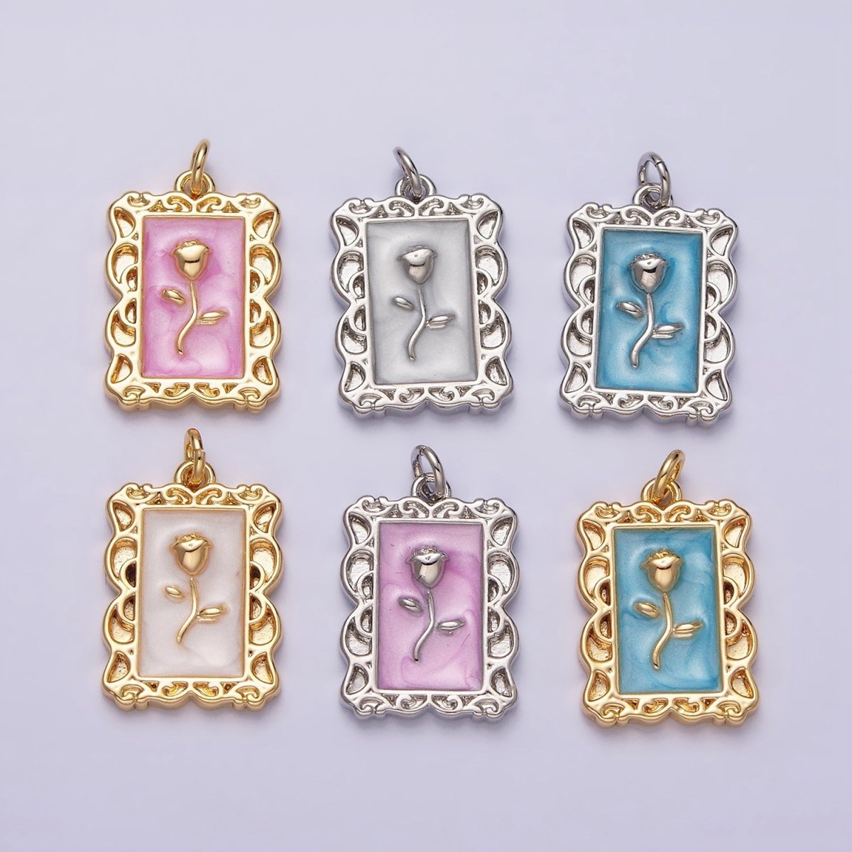 16K Gold Filled Rose Flower White, Blue, Pink Sparkly Enamel Rectangular Charm in Gold &amp; Silver | AC1350 - AC1355
