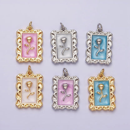 16K Gold Filled Rose Flower White, Blue, Pink Sparkly Enamel Rectangular Charm in Gold &amp; Silver | AC1350 - AC1355