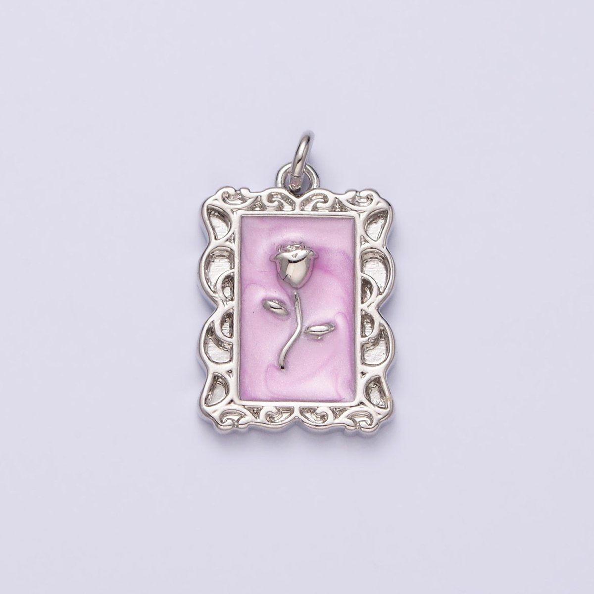 16K Gold Filled Rose Flower White, Blue, Pink Sparkly Enamel Rectangular Charm in Gold &amp; Silver | AC1350 - AC1355