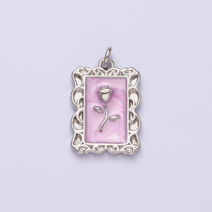 16K Gold Filled Rose Flower White, Blue, Pink Sparkly Enamel Rectangular Charm in Gold &amp; Silver | AC1350 - AC1355