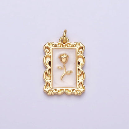 16K Gold Filled Rose Flower White, Blue, Pink Sparkly Enamel Rectangular Charm in Gold &amp; Silver | AC1350 - AC1355