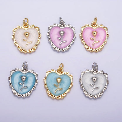 16K Gold Filled Rose Flower White, Pink, Blue Sparkly Enamel Heart Charm | AC1099 - AC1104