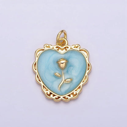 16K Gold Filled Rose Flower White, Pink, Blue Sparkly Enamel Heart Charm | AC1099 - AC1104