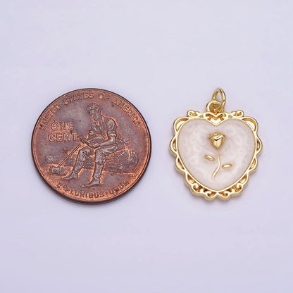 16K Gold Filled Rose Flower White, Pink, Blue Sparkly Enamel Heart Charm | AC1099 - AC1104