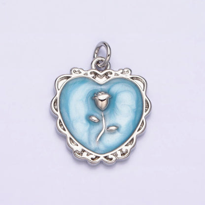 16K Gold Filled Rose Flower White, Pink, Blue Sparkly Enamel Heart Charm | AC1099 - AC1104