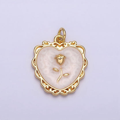16K Gold Filled Rose Flower White, Pink, Blue Sparkly Enamel Heart Charm | AC1099 - AC1104