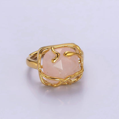 16K Gold Filled Rose Quartz, Labradorite Multifaceted Gemstone Molten Drip Ring | O-611