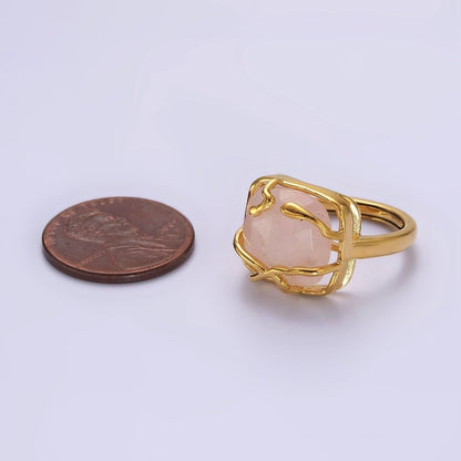 16K Gold Filled Rose Quartz, Labradorite Multifaceted Gemstone Molten Drip Ring | O-611