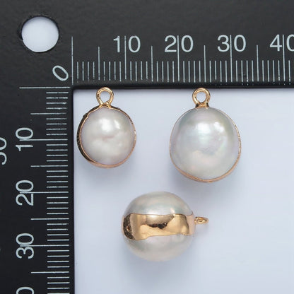 16K Gold Filled Round Freshwater Pearl Foil Bezel Charm | P1757