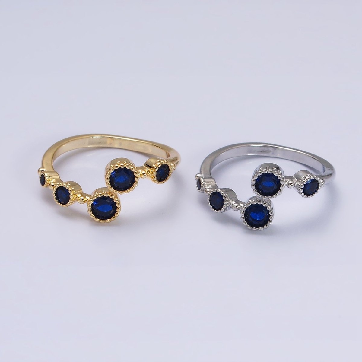 16K Gold Filled Round Sapphire Blue CZ Open Adjustable Ring in Gold &amp; Silver | O-1601 O-1602
