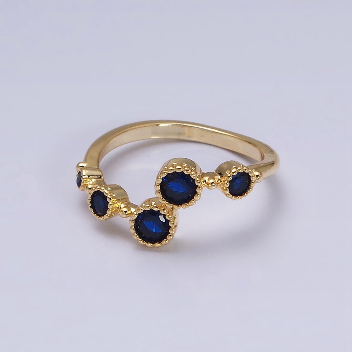 16K Gold Filled Round Sapphire Blue CZ Open Adjustable Ring in Gold &amp; Silver | O-1601 O-1602