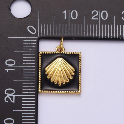 16K Gold Filled Sea Clam Shell Black Enamel Square Charm | AC1270