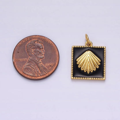 16K Gold Filled Sea Clam Shell Black Enamel Square Charm | AC1270