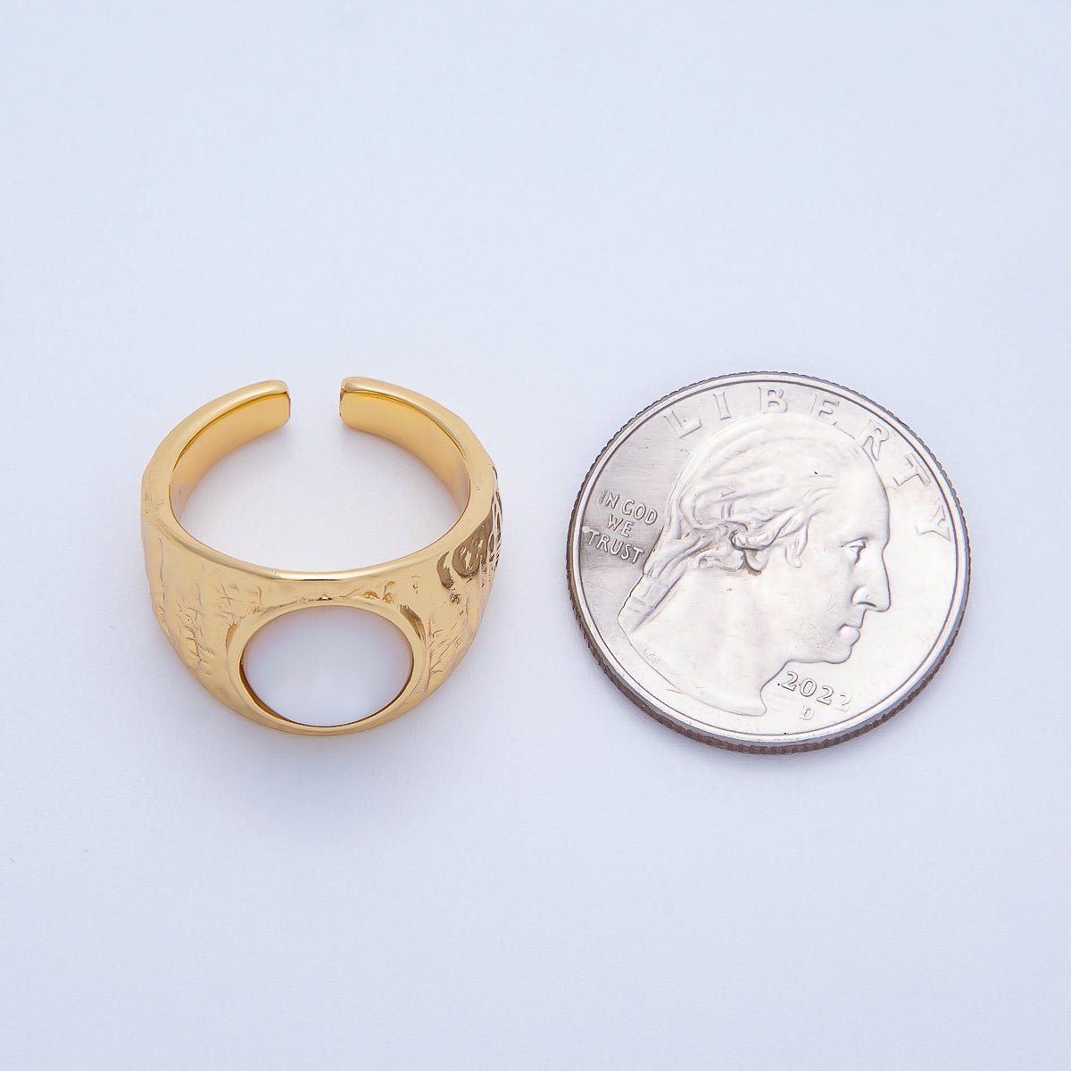 16K Gold Filled Shell Pearl Cabochon Wide Textured Hammered Signet Ring | Rings-00091