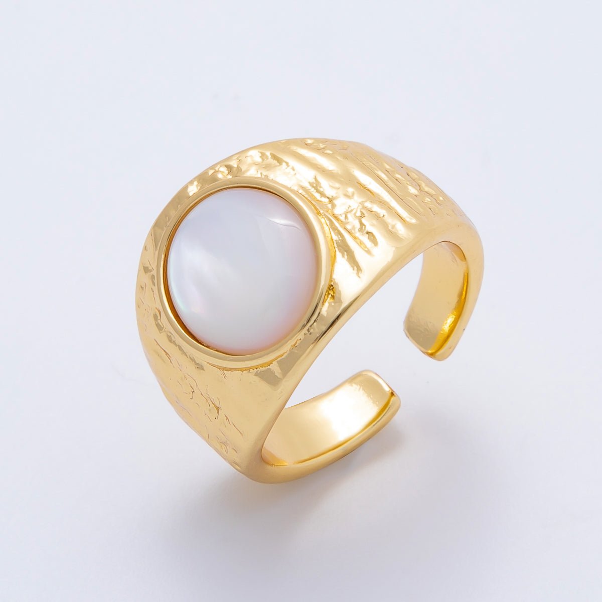 16K Gold Filled Shell Pearl Cabochon Wide Textured Hammered Signet Ring | Rings-00091