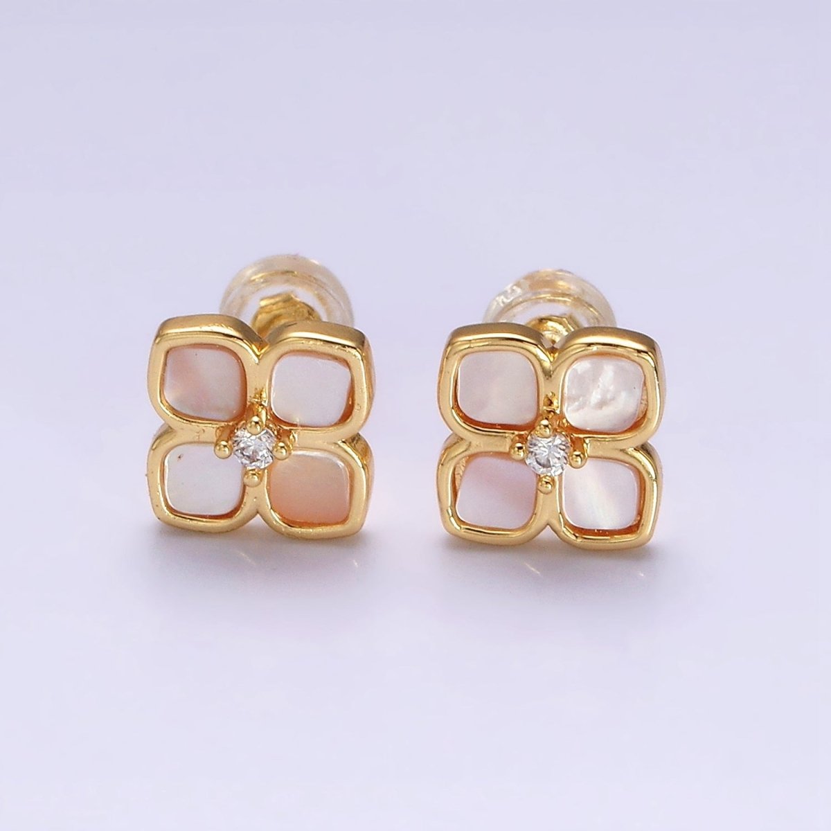 16K Gold Filled Shell Pearl Flower Quatrefoil Stud Earring in Gold &amp; Silver | AD1554 AD1555