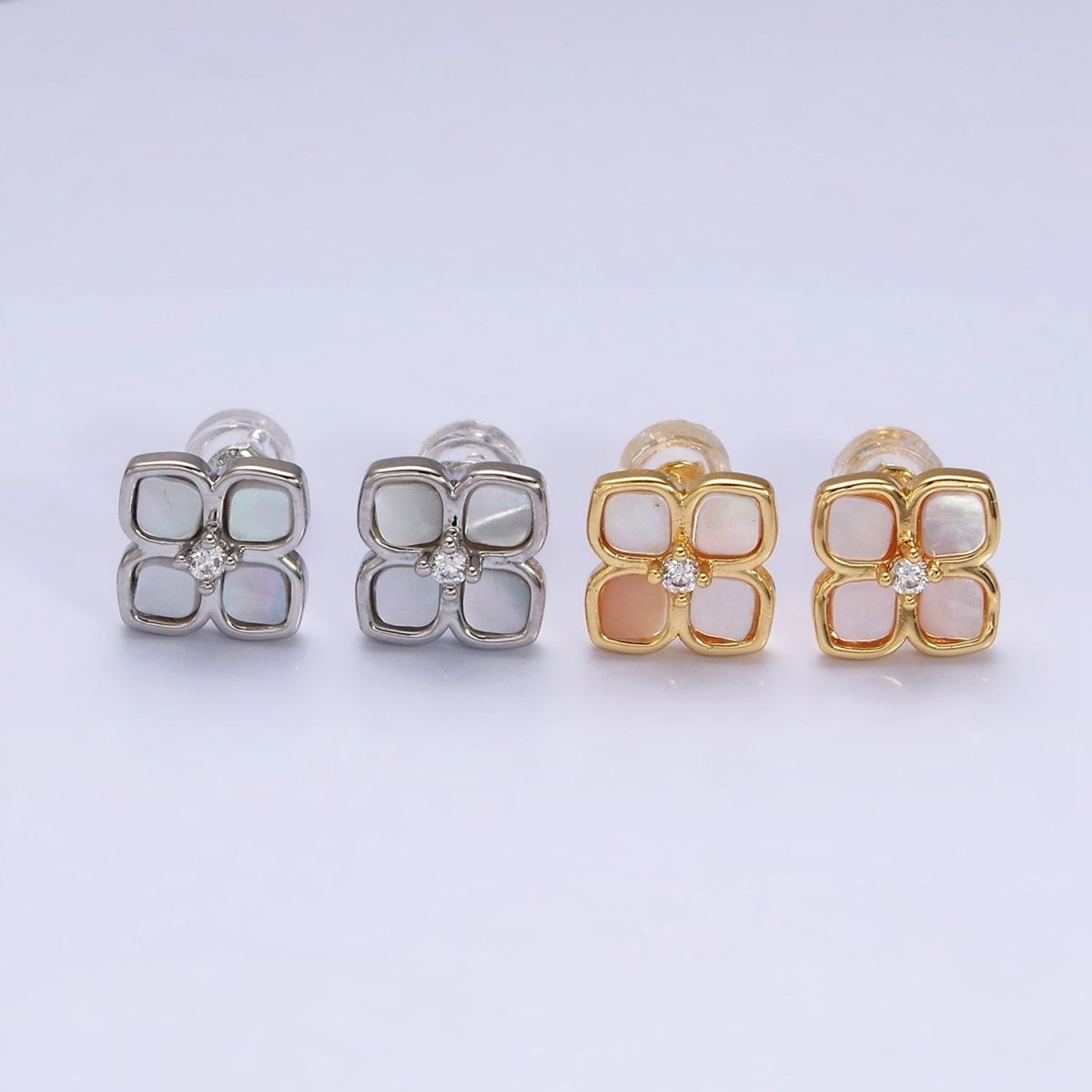 16K Gold Filled Shell Pearl Flower Quatrefoil Stud Earring in Gold &amp; Silver | AD1554 AD1555