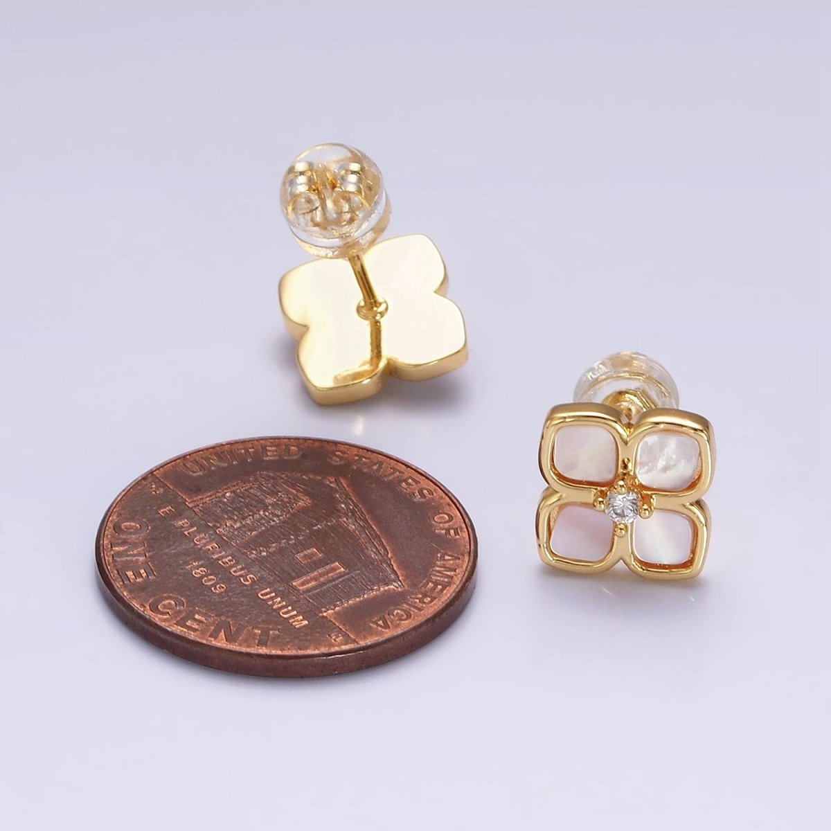 16K Gold Filled Shell Pearl Flower Quatrefoil Stud Earring in Gold &amp; Silver | AD1554 AD1555