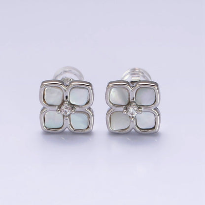 16K Gold Filled Shell Pearl Flower Quatrefoil Stud Earring in Gold &amp; Silver | AD1554 AD1555