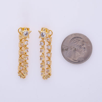 16K Gold Filled 43mm Clear CZ, White Opal Celestial Star Drop Stud Earrings | Earrings-00299 Earrings-00300