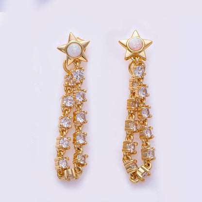 16K Gold Filled 43mm Clear CZ, White Opal Celestial Star Drop Stud Earrings | Earrings-00299 Earrings-00300