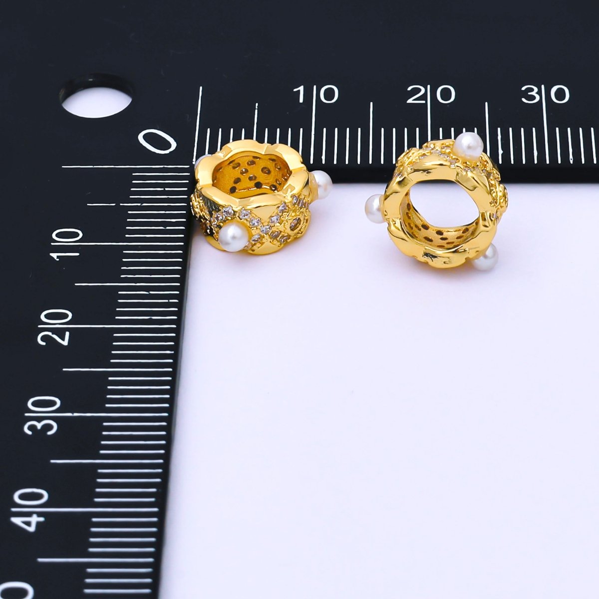 16K Gold Filled Shell Pearl Micro Paved CZ Geometric Rhondelle Bead | B136