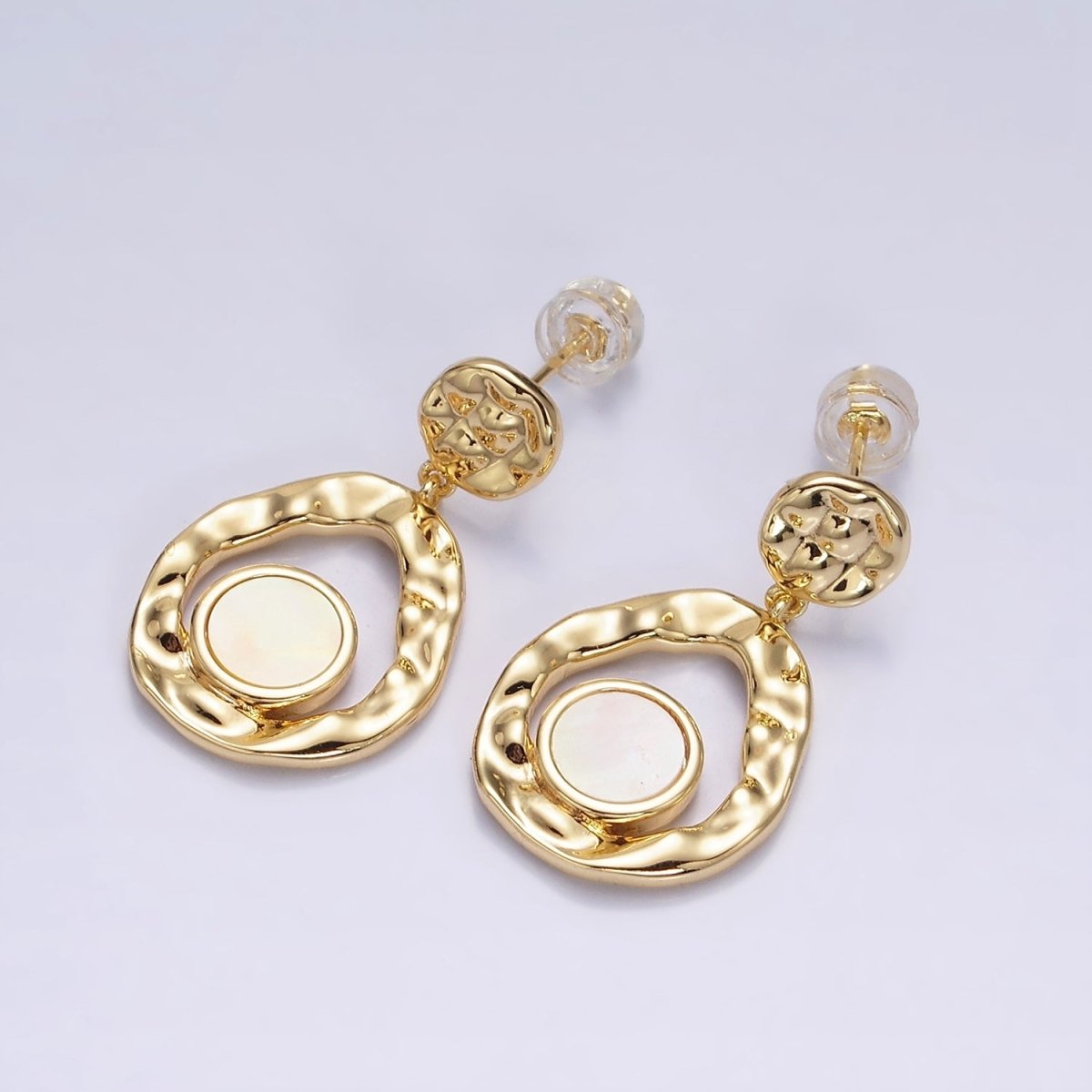 16K Gold Filled Shell Pearl Open Round Double Hammered Drop Stud Earrings in Gold &amp; Silver | AD-343 AD-344