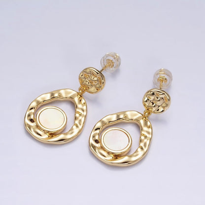 16K Gold Filled Shell Pearl Open Round Double Hammered Drop Stud Earrings in Gold &amp; Silver | AD-343 AD-344