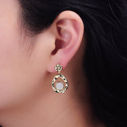 16K Gold Filled Shell Pearl Open Round Double Hammered Drop Stud Earrings in Gold &amp; Silver | AD-343 AD-344