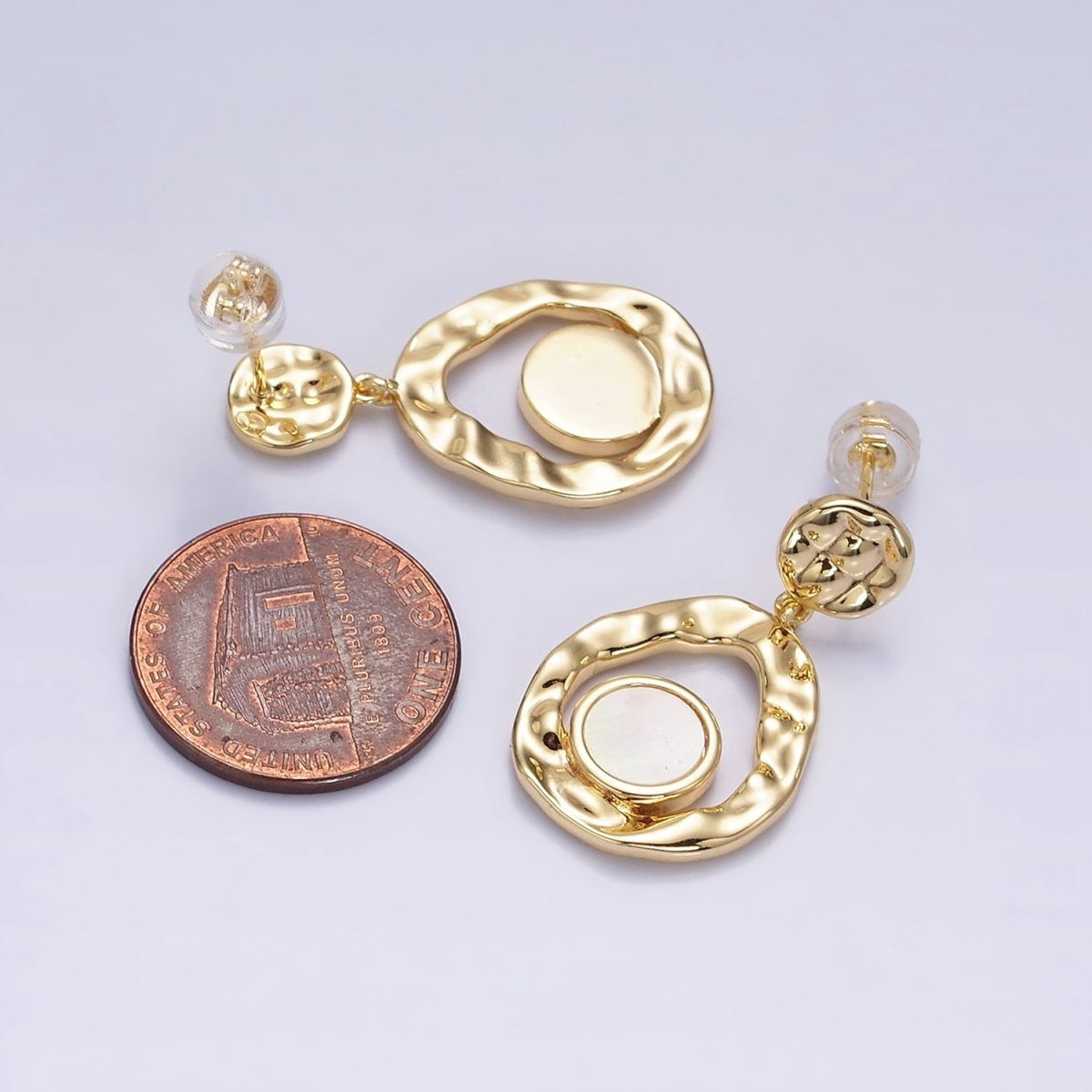 16K Gold Filled Shell Pearl Open Round Double Hammered Drop Stud Earrings in Gold &amp; Silver | AD-343 AD-344