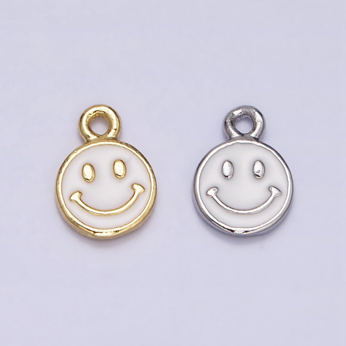 16K Gold Filled Smiley Face White Enamel Round Charm in Gold &amp; Silver | AC1332 AC1333