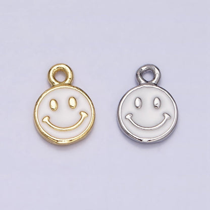 16K Gold Filled Smiley Face White Enamel Round Charm in Gold &amp; Silver | AC1332 AC1333