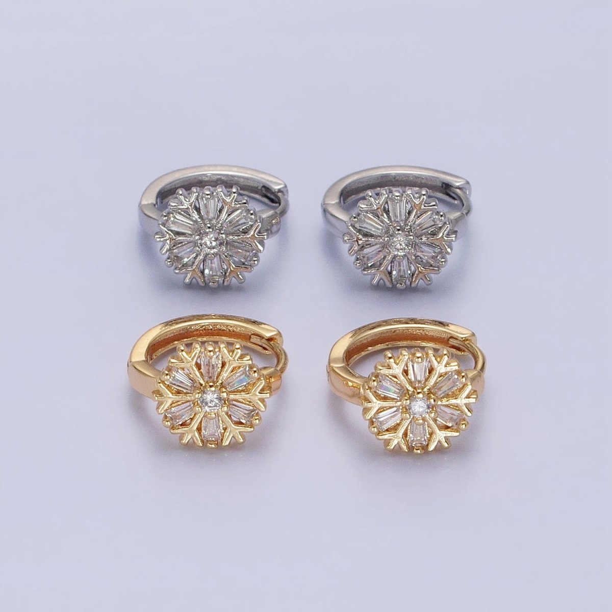 16K Gold Filled Snowflake Baguette CZ Huggie Earrings in Gold &amp; Silver | AB1457 ABB1458
