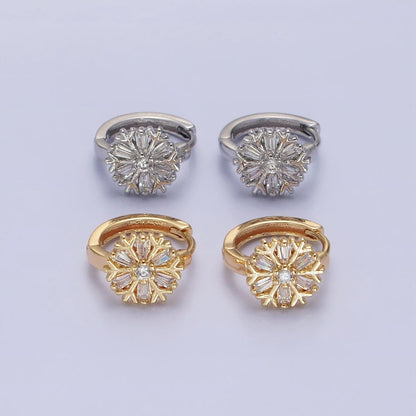16K Gold Filled Snowflake Baguette CZ Huggie Earrings in Gold &amp; Silver | AB1457 ABB1458