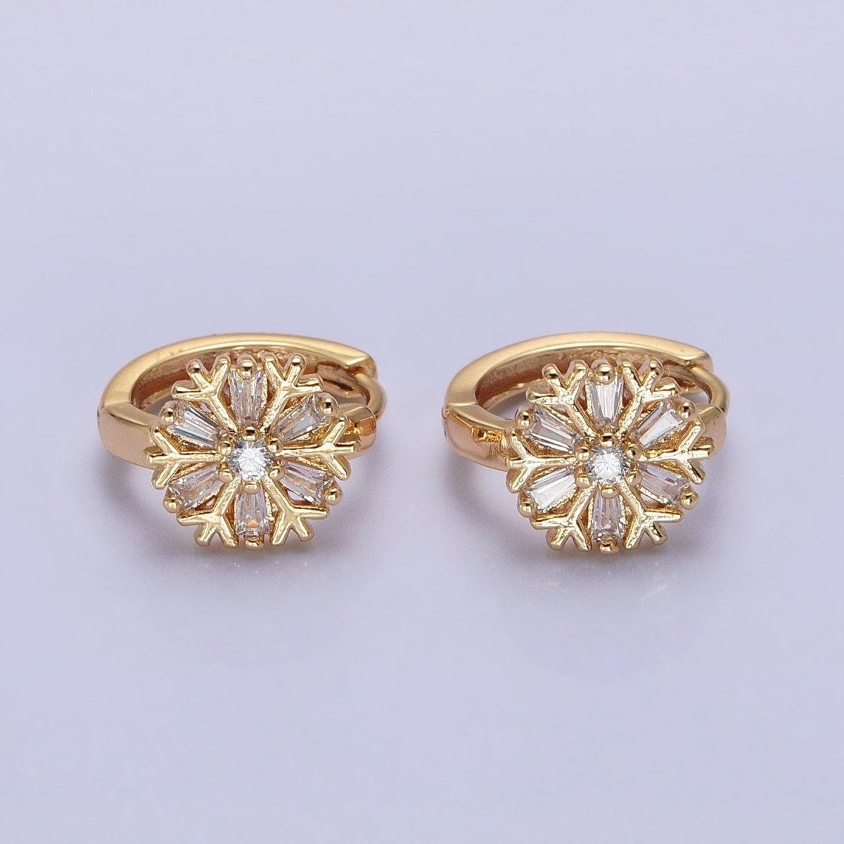 16K Gold Filled Snowflake Baguette CZ Huggie Earrings in Gold &amp; Silver | AB1457 ABB1458