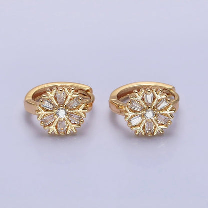 16K Gold Filled Snowflake Baguette CZ Huggie Earrings in Gold &amp; Silver | AB1457 ABB1458