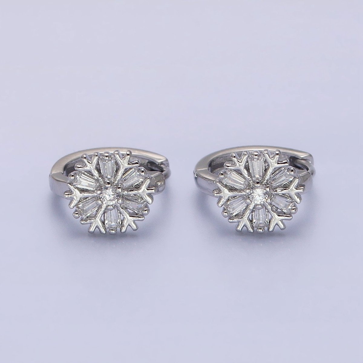 16K Gold Filled Snowflake Baguette CZ Huggie Earrings in Gold &amp; Silver | AB1457 ABB1458