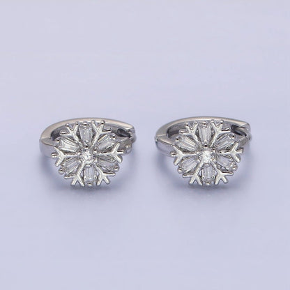16K Gold Filled Snowflake Baguette CZ Huggie Earrings in Gold &amp; Silver | AB1457 ABB1458