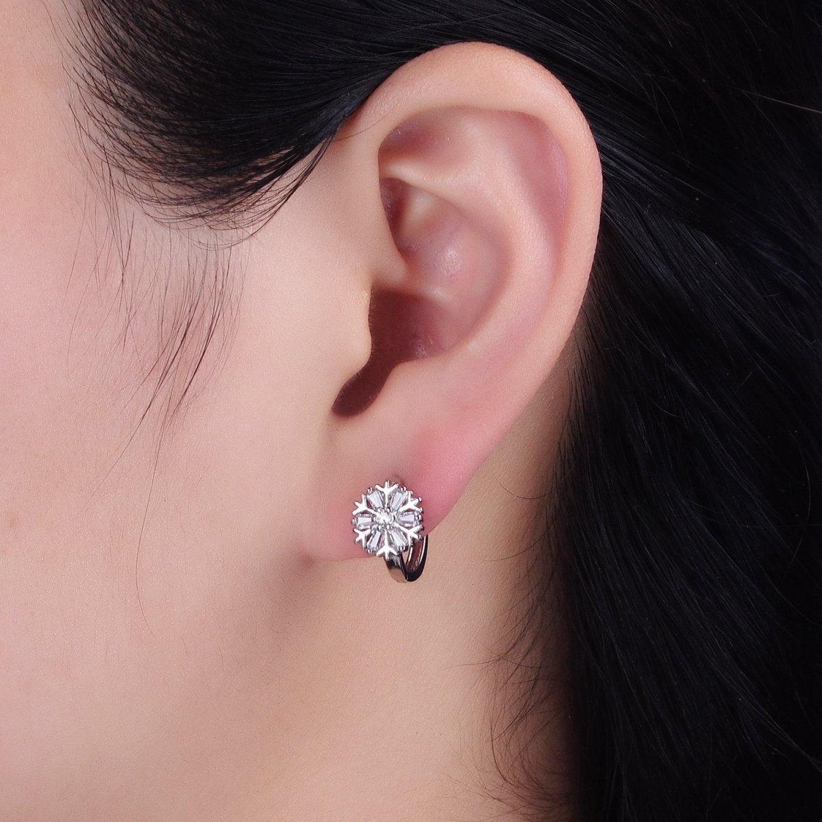 16K Gold Filled Snowflake Baguette CZ Huggie Earrings in Gold &amp; Silver | AB1457 ABB1458