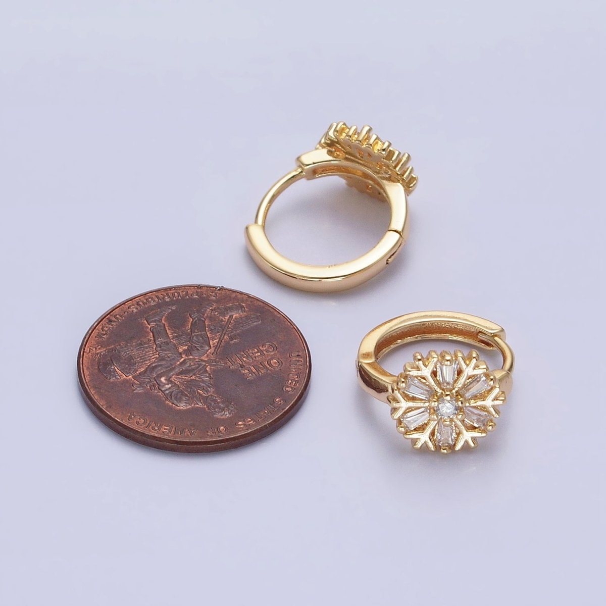 16K Gold Filled Snowflake Baguette CZ Huggie Earrings in Gold &amp; Silver | AB1457 ABB1458