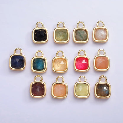 16K Gold Filled Square Multifaceted Natural Gemstone Personalized Add-On Charm | AC1466 - AC1478