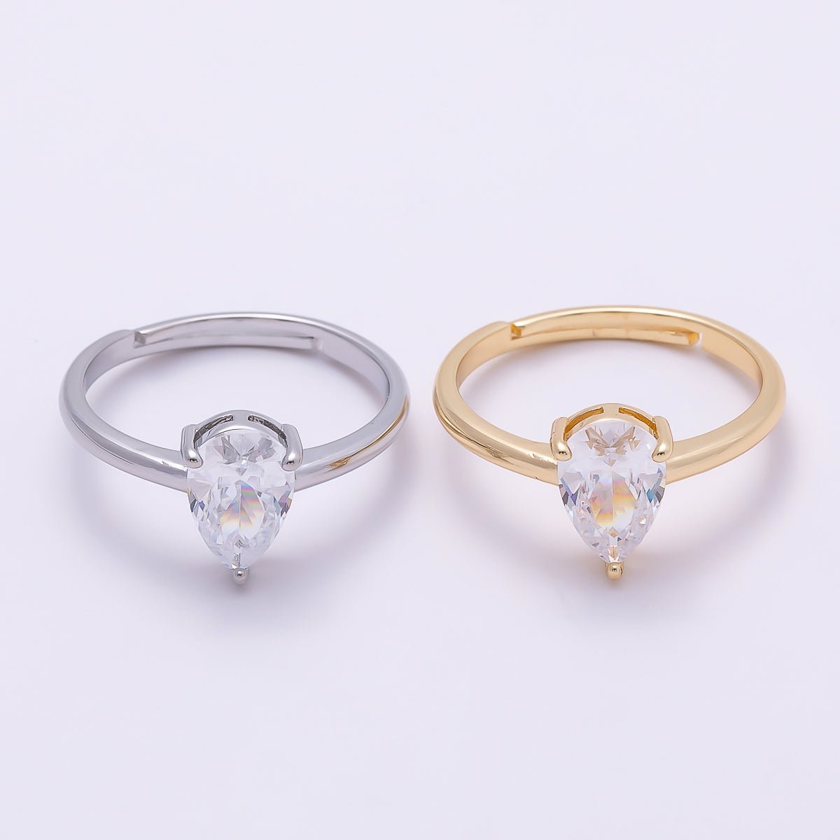 16K Gold Filled Teardrop CZ Solitaire Adjustable Ring in Gold &amp; Silver | Rings-00136 Rings-00137