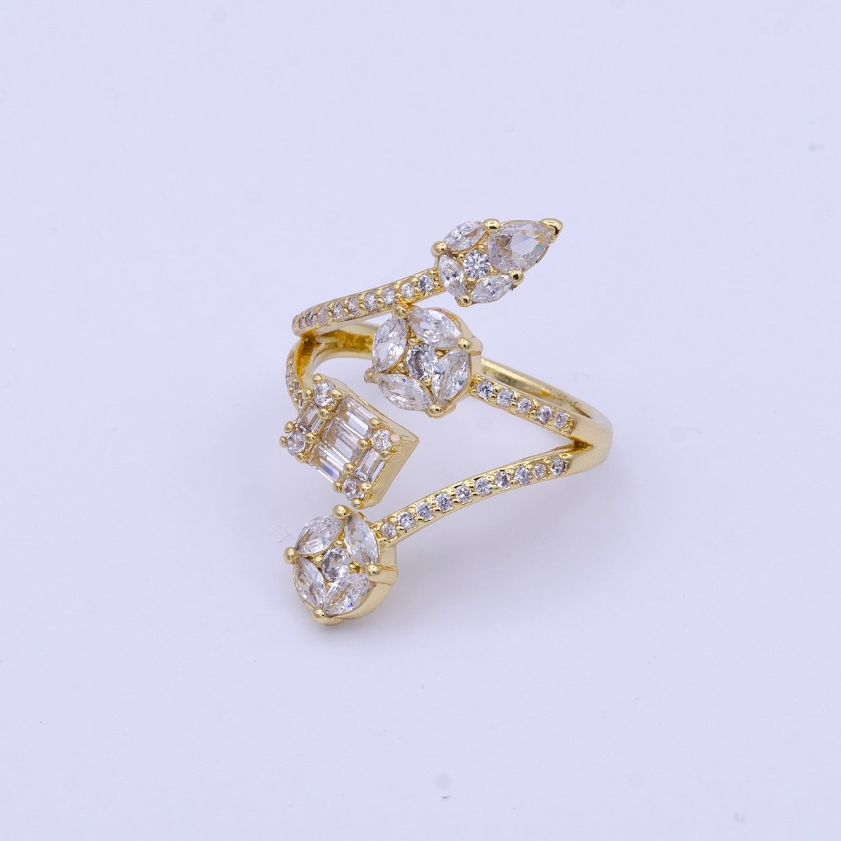 16K Gold Filled Teardrop Round Baguette Clear CZ Multiple Band Open Statement Ring in Gold &amp; Silver | O-1571 O-1572