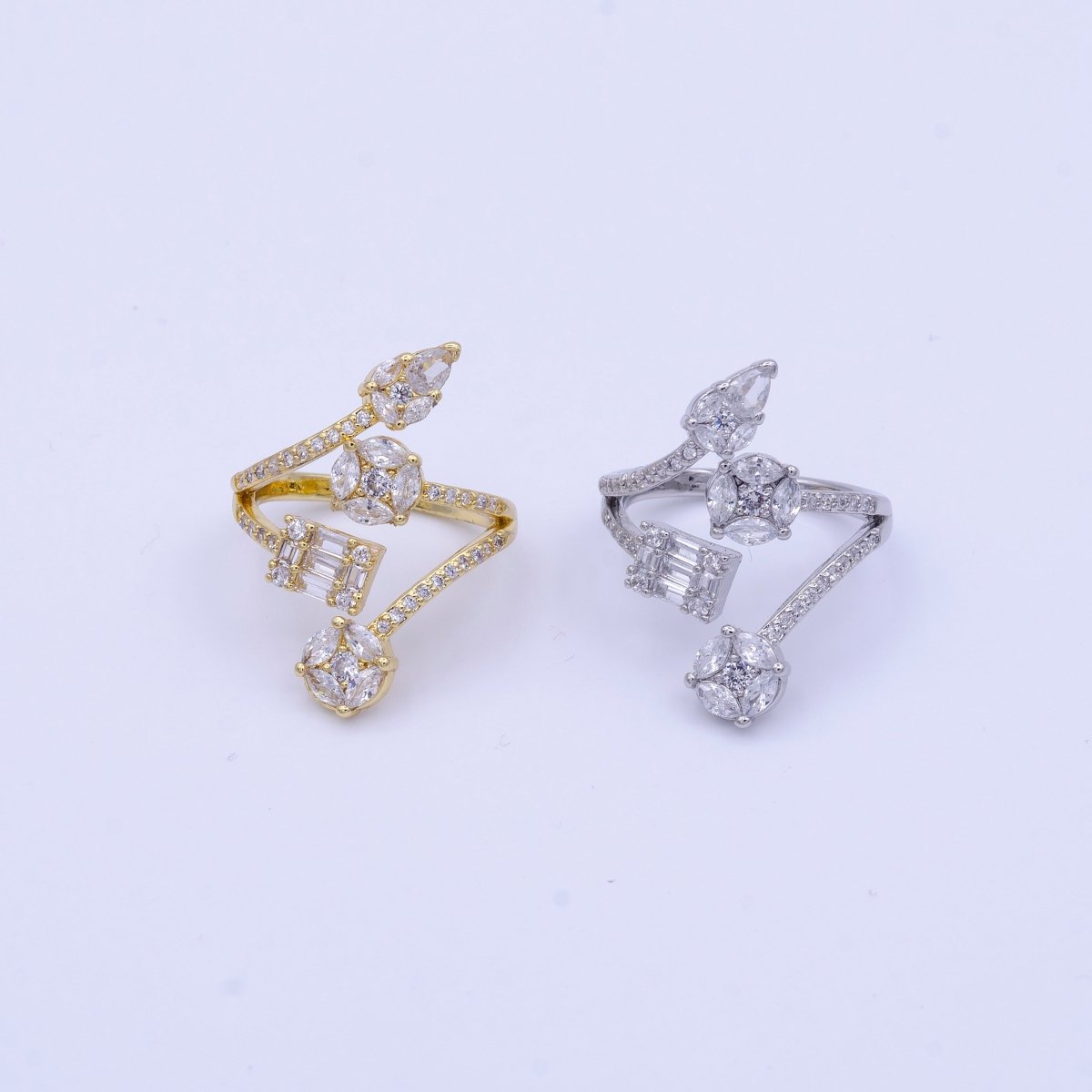 16K Gold Filled Teardrop Round Baguette Clear CZ Multiple Band Open Statement Ring in Gold &amp; Silver | O-1571 O-1572