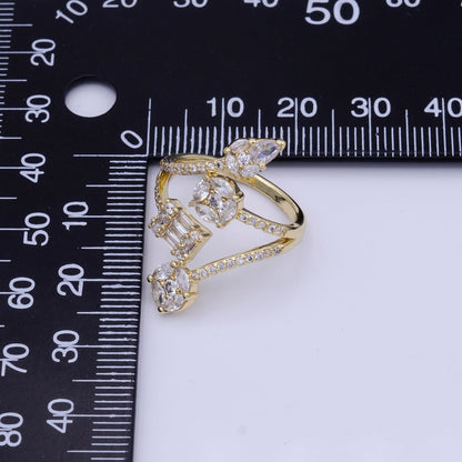 16K Gold Filled Teardrop Round Baguette Clear CZ Multiple Band Open Statement Ring in Gold &amp; Silver | O-1571 O-1572