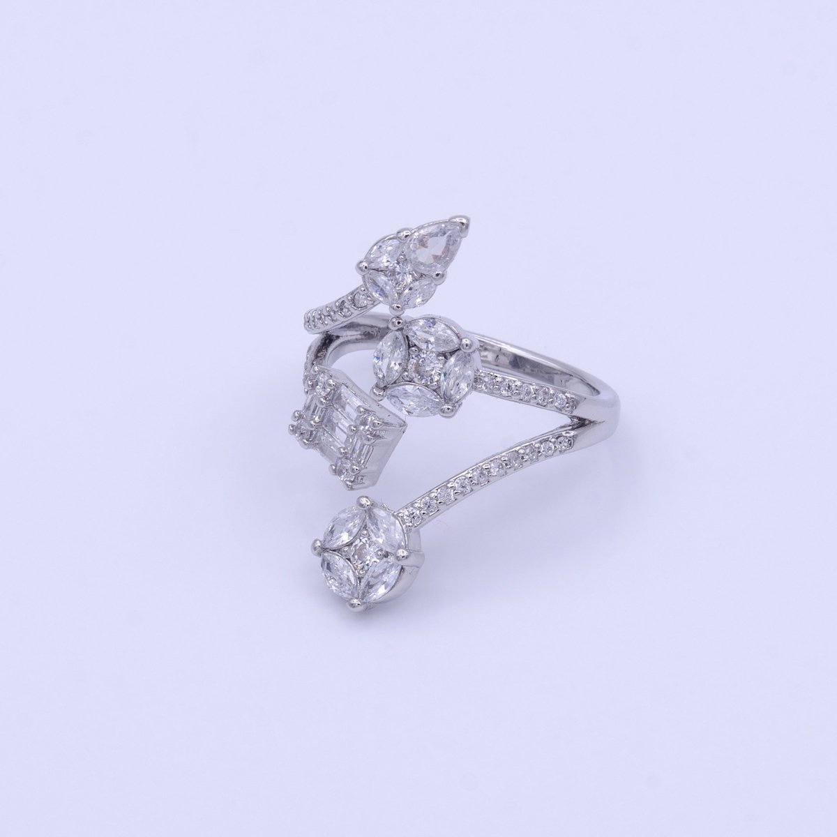 16K Gold Filled Teardrop Round Baguette Clear CZ Multiple Band Open Statement Ring in Gold &amp; Silver | O-1571 O-1572