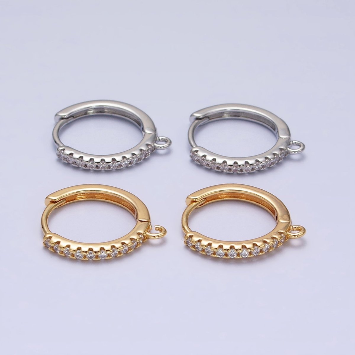 16K Gold Filled Thin Clear Micro Paved 17mm Open Loop Huggie Earrings Supply in Gold &amp; Silver | Z-227 Z-228