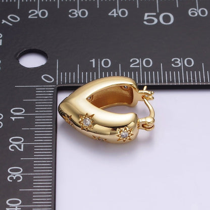 16K Gold Filled Triangle V-Shaped Dome Celestial Stars CZ French Lock Latch Hoop Earrings | AE635